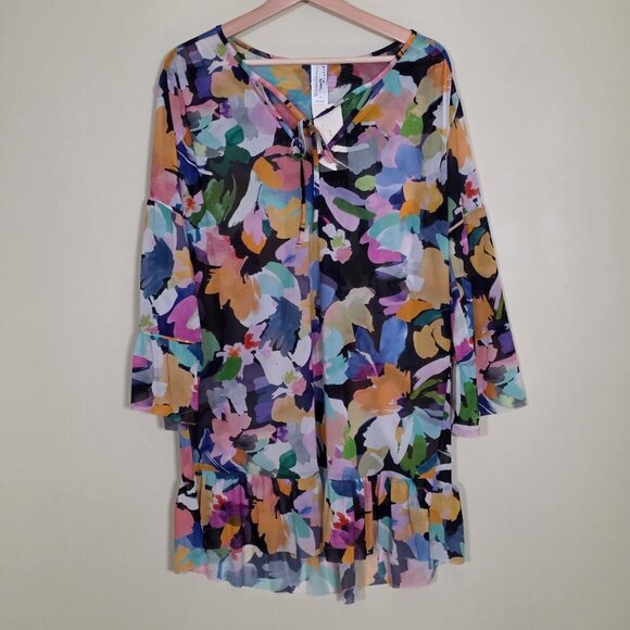 Gottex Other - Profile By Gottex Tunic Beach Cover Up S Mesh Abstract Ruffles Oversize Boho NWT